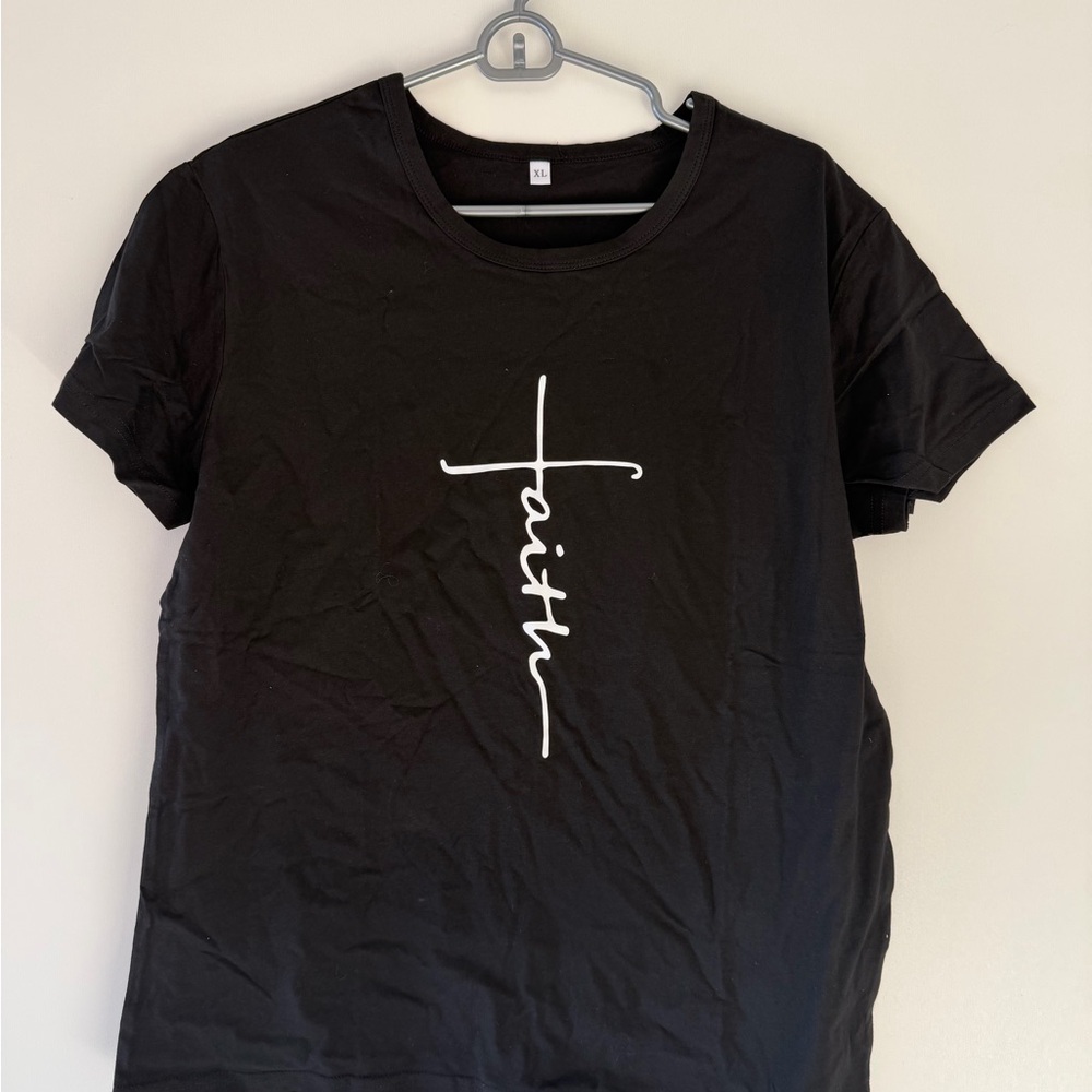 Black Cotton Blend Tee with Vertical script FAITH in a cross women’s medium